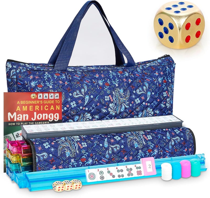 Taikula New American Mahjong Game Set, 166 Premium White Tiles with Portable Metal Dices, 4 All-in-One Racks with Pushers, Mah-Jong Games Sets, Ma Jong Tile Game (Blue) - Image 1